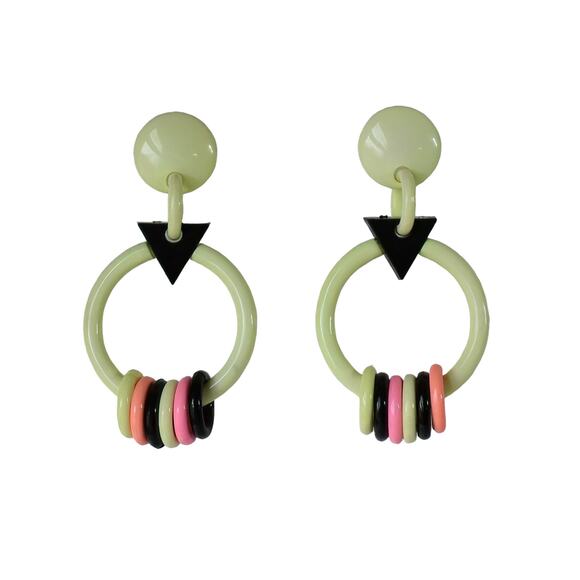 Lime Green Black Pink Oversized Bold Retro 80s Dangle Pierced Earrings - Picture 1 of 3